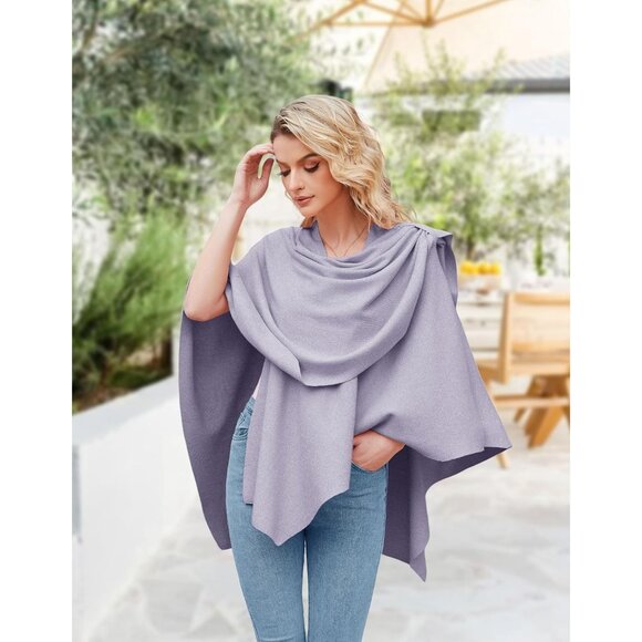 Women's 1-dark Lilac Cross Front Poncho Sweater Wrap Knitted Elegant Shawls Cape - Picture 2 of 5